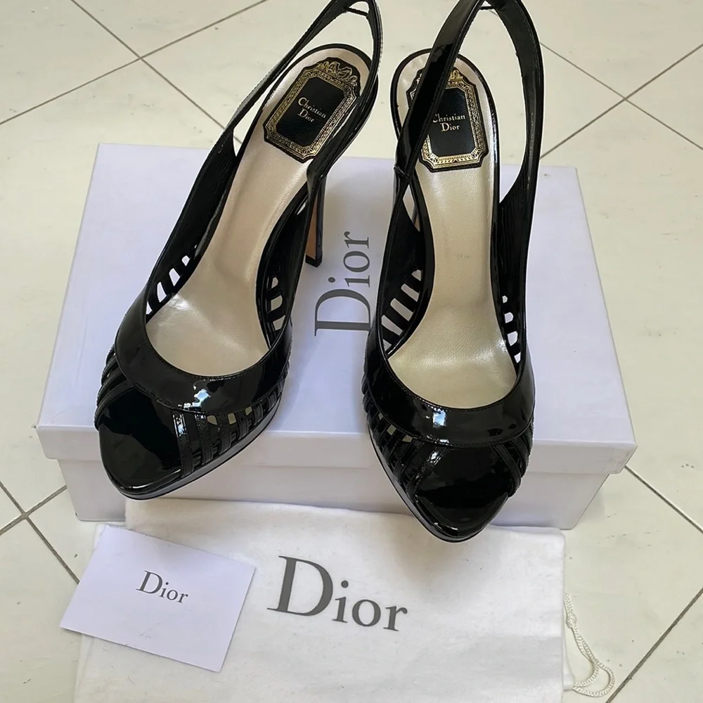 Christian Dior Black patent leather slingback sandals size 38 - Picture 3 of 7